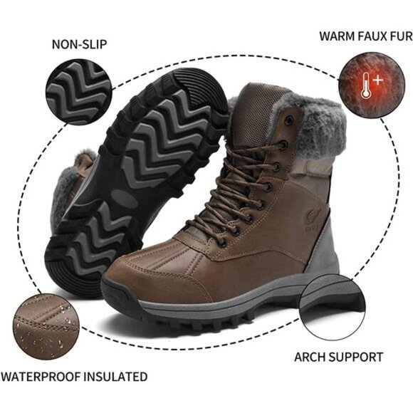 Winter Snow Hiking Waterproof Non-Slip Fur Warm Shoes Leather Ankle Boots